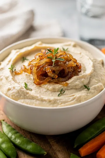 Creamy homemade French onion dip with caramelized onions and fresh chives.