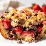 Warm strawberry chocolate dump cake with gooey chips and crumbly golden topping.