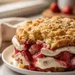 Strawberry cream cheese dump cake with a golden crispy topping and creamy swirls.