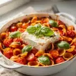 Creamy baked feta pasta with tomatoes and basil in rustic ceramic dish