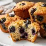 Moist blueberry muffins with golden tops and sparkling sugar on rustic wood.