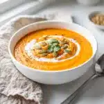 Creamy carrot ginger soup garnished with cilantro and pumpkin seeds in bowl