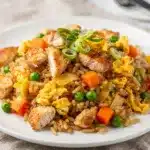 Close up of homemade chicken fried rice with vibrant vegetables and glossy sauce