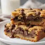 Golden brown chocolate chip cookie bars with gooey melted chips in pan.