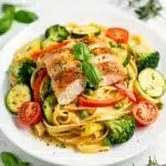 Creamy chicken primavera pasta with colorful vegetables and glossy fettuccine noodles.