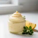 Creamy homemade mayonnaise recipe in a clear jar with lemon and herbs
