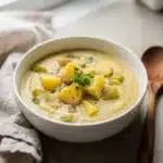 Creamy potato leek soup in a white bowl with chives and cream garnish.