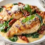 Creamy Tuscan chicken with sun dried tomatoes and spinach in glossy sauce