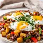 Crispy corned beef hash skillet topped with four sunny side up eggs.
