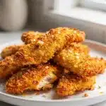 Crispy oven chicken tenders with honey mustard sauce on white plate.