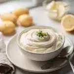 Fresh homemade mayonnaise in a bowl with a whisk, lemon, and olive oil.