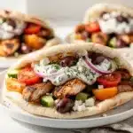 Greek chicken pita pockets with tzatziki and fresh vegetable toppings on a rustic table.