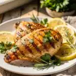Grilled lemon herb chicken with juicy interior and vibrant fresh herbs.