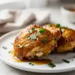 Crispy baked honey mustard chicken thighs with a sticky golden glaze.