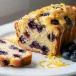 Moist lemon blueberry loaf cake slice with tangy glaze and fresh blueberries