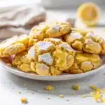 Lemon crinkle cookies with powdered sugar on a rustic wooden table.