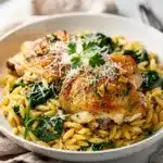 Creamy lemon garlic chicken orzo pasta recipe in a rustic kitchen setting.