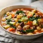 Close up of vibrant homemade minestrone soup with creamy beans and glossy broth