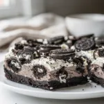 No bake Oreo cheesecake bars with creamy filling and crunchy cookie base.