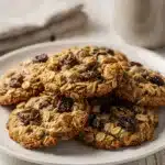 Golden brown oatmeal raisin cookies with plump raisins on rustic table.