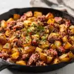 Oven baked corned beef hash with crispy potatoes in a cast iron skillet