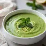 Bright green spring pea soup recipe with mint and lemon garnish in bowl