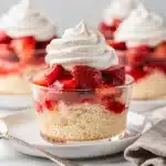 Single serving strawberry shortcake cup with whipped cream and fresh berries