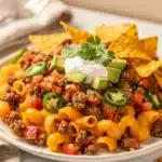 Creamy taco pasta skillet with ground beef, salsa, and melted cheese.