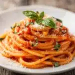 Creamy tomato basil pasta with roasted garlic on a wooden board.