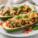 Healthy zucchini boats stuffed with savory turkey and vibrant pesto cheese filling.