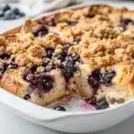 Classic blueberry cream cheese French toast bake with creamy filling and crispy edges