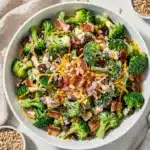 Easy Broccoli Bacon Salad recipe with bacon cheese cranberries and creamy dressing