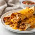 Crispy baked chicken taquitos with melted cheese and fresh salsa on wood.