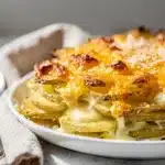 Creamy cheesy garlic parmesan scalloped potatoes with a golden crispy topping.