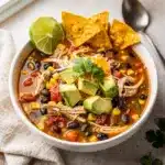 Slow cooker chicken tortilla soup in a rustic bowl with fresh toppings.