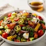 Colorful Italian pasta salad with rotini, tomatoes, peppers, and homemade dressing.