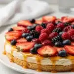 Creamy berry cheesecake fruit pizza on a soft sugar cookie crust