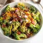 Creamy broccoli bacon salad with cheddar and cranberries in a glossy dressing.