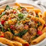 Creamy Cajun sausage pasta with penne, andouille, bell peppers, and spinach.