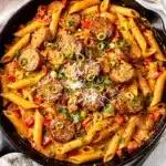 Creamy Cajun sausage pasta with penne and peppers in a skillet.