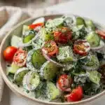 Creamy cucumber dill salad with tomatoes and red onion in a bowl.