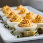 Creamy classic deviled eggs with smooth filling and a sprinkle of paprika.