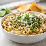 Creamy party Mexican street corn dip with charred kernels and cotija cheese