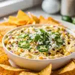 Creamy Mexican street corn dip with cotija cheese and tortilla chips.