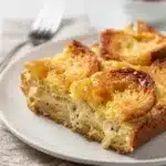 Creamy overnight French toast bake recipe in close up Pinterest style