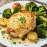 Creamy Parmesan crusted chicken with roasted potatoes and broccoli dinner