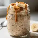 Creamy peanut butter banana overnight oats recipe in a close up view