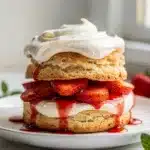 Creamy strawberry shortcake with fluffy biscuit, juicy berries, and whipped cream frosting.