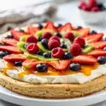Creamy sugar cookie fruit pizza with fresh berries and kiwi slices.