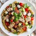 Crisp high protein Italian pasta salad with chicken and fresh vegetables